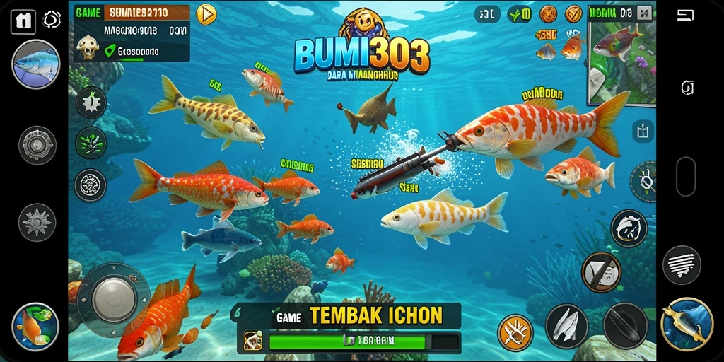 Tampilan gameplay BUMI303 dengan aksi menembak ikan yang seru.