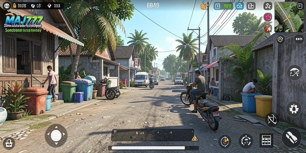 Screenshot utama MAJ777 menampilkan gameplay simulasi kehidupan yang mendalam.