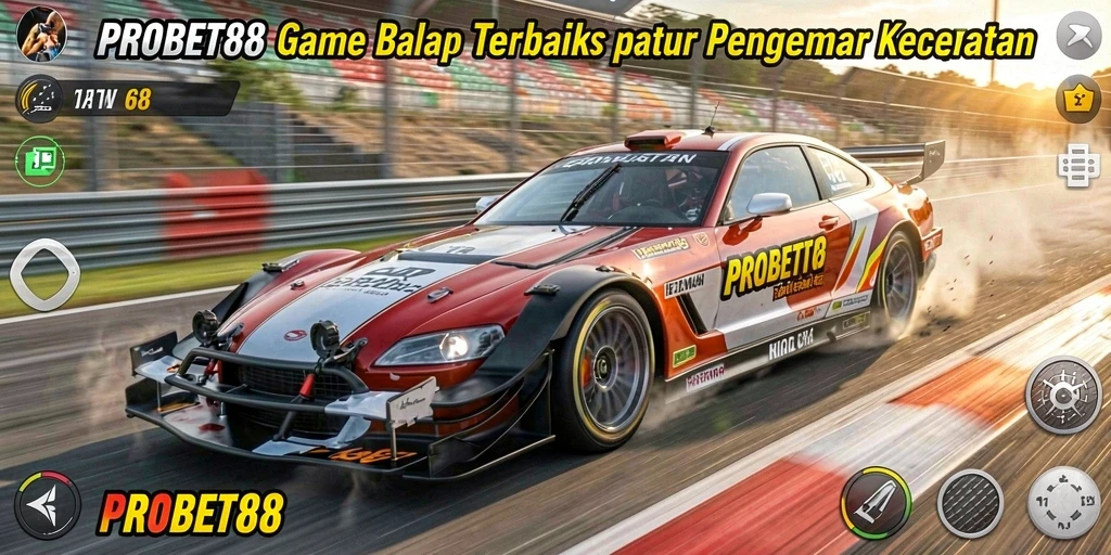 Screenshot gameplay PROBET88 menampilkan mobil balap melaju cepat di lintasan yang menantang.