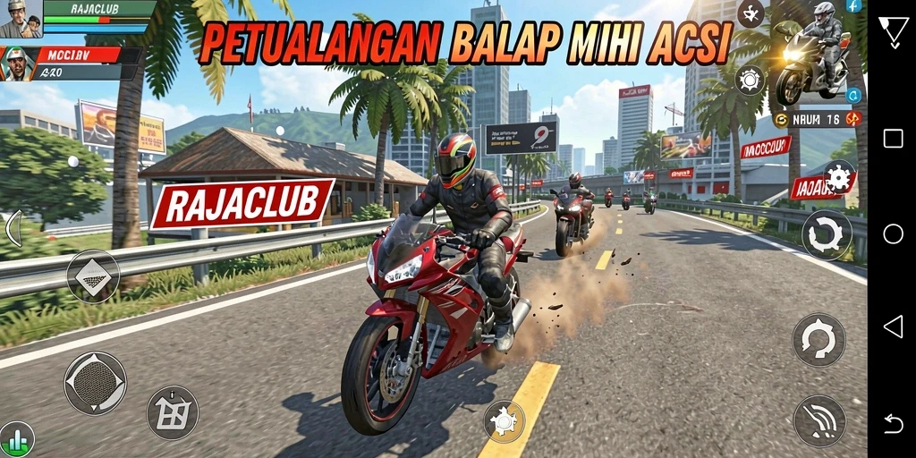 Gameplay seru RAJACLUB dengan balapan motor yang mendebarkan.