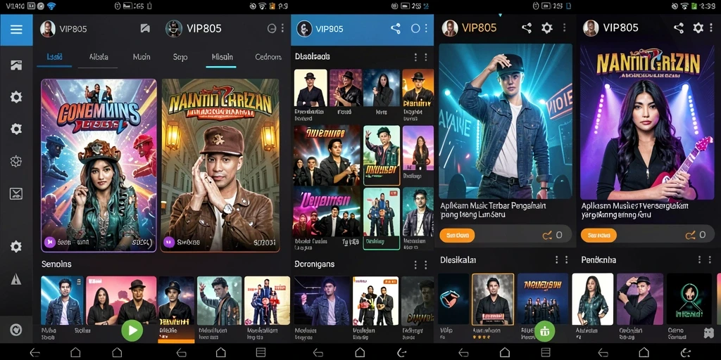 Screenshot utama VIP805 menampilkan antarmuka pengguna dengan berbagai pilihan lagu.